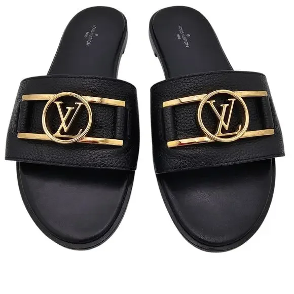 Louis Vuitton Lock It Flat Slide Sandal Black Leather Gold LV Logo Size 38 US 8 - Picture 4 of 12
